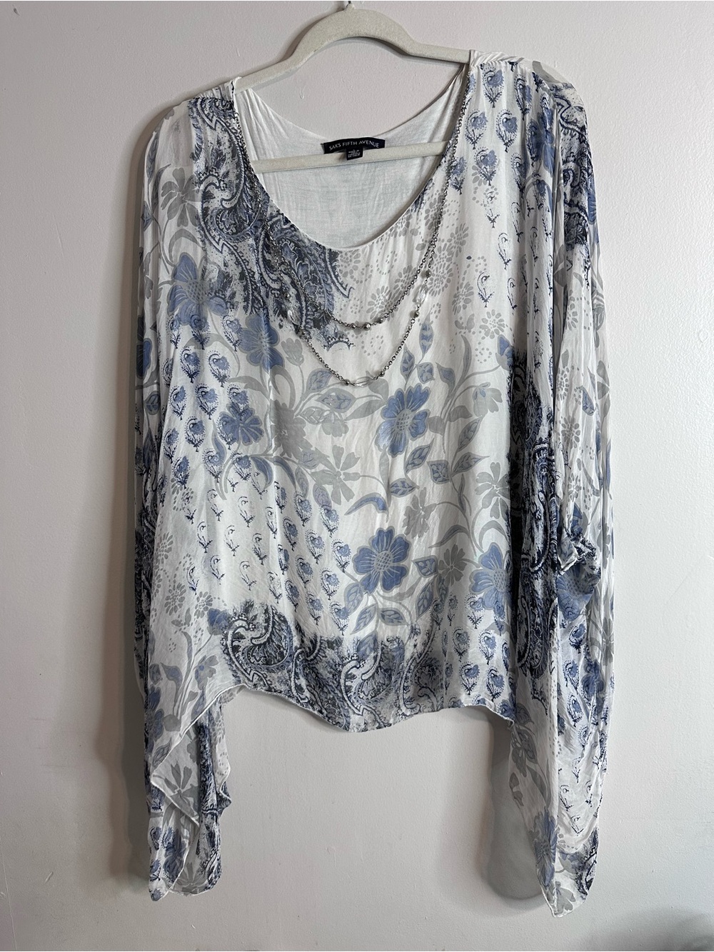 Saks Fifth Avenue Italy 100% Silk Floral Paisley Blouse L Blue White Boho